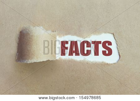 Torn brown paper revealing the word facts