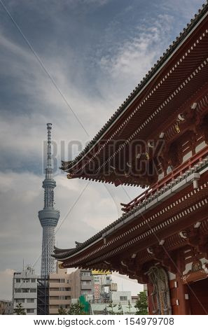Tokyo Japan - September 26 2016: Part of vermilion roof of Hozomon Gate at Senso-ji Buddhist Temple with tall Skytree tower in the distance under blue cloudy sky.