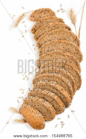 Slices wholegrain bread and cereals of poppy flax sunflower sesame isolated on white background.