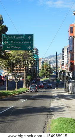 Quito, Pichincha / Ecuador - November 1 2016: Activity in Eloy Alfaro Avenue in the modern area of the city of Quito