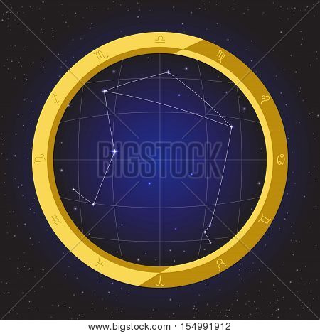 libra star horoscope zodiac in fish eye telescope golden ring frame with cosmos background
