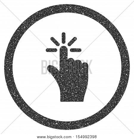 Click rubber seal stamp watermark. Icon symbol inside circle frame with grunge design and corrosion texture. Scratched vector gray ink sign on a white background.