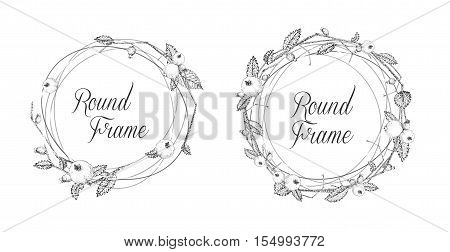 Floral frames for greeting cards or invitations. Black and white. Vector illustration. Composition of autumn leaves and berries. Pointillism style.