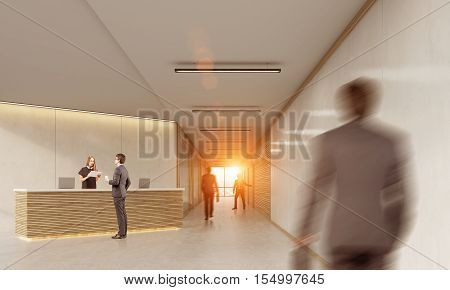 Side view of man talking to a receptionist while his twin is approaching. Concept of utopian future with clones. 3d rendering. Mock up. Toned image