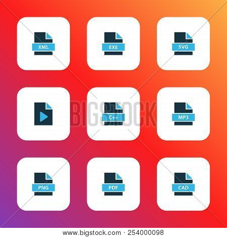 Types Icons Colored Set With File Cad, File Xml, File Video And Other Movie Elements. Isolated  Illu