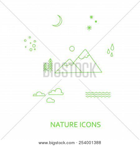 Nature Concept Icons With Line Green Hills, Mountain, Sun, Moon, Snowflake, Raindrop, Water, Trees S