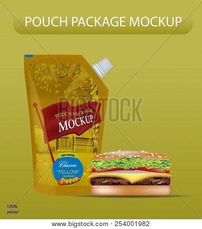 Yellow Mustard Pouch Mockup. Vector Eps 10. Digital Vector Yellow Mustard Package Mockup, Ready For 