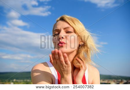 Ultimate Art Of Seduction. Girl Blonde Lady Smiling Enjoy Freedom And Fresh Wind Blue Sky Background