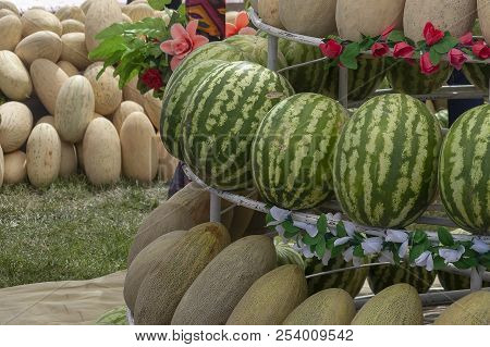Large Variety Of Melons: Watermelons And Musk Melons On Sale