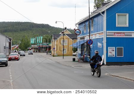 Overkalix, Sweden - July 3, 2017: View Of The Storgatan Street In Overkalix City Center.