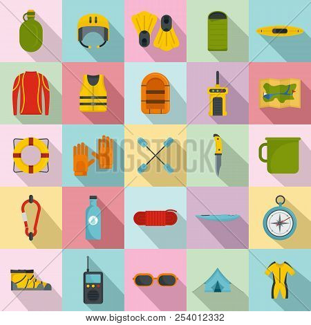 Rafting Kayak Water Canoe Icons Set. Flat Illustration Of 25 Rafting Kayak Water Canoe Icons For Web