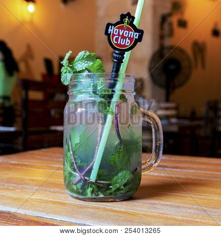Havaba, Cuba - 25 July 2018: A Mojito Made With Havana Club Rum At A Restaurant In Havana Cuba Named