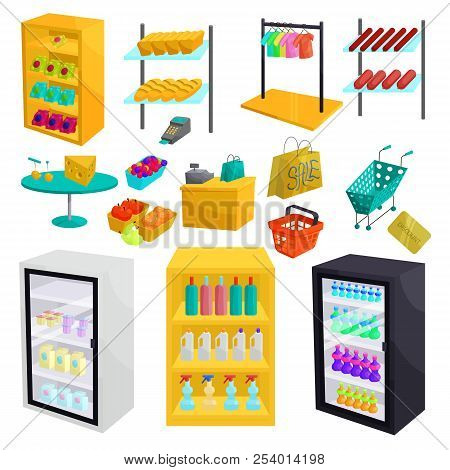 Supermarket Icons Set In Cartoon Style. Shopping Elements Set Collection Illustration