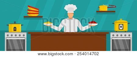Chef Master Cooking Banner Horizontal. Flat Illustration Of Chef Master Cooking Banner Horizontal Fo