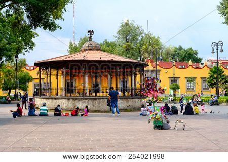 MEXICO CITY,MEXICO - JULY 13,2018 : The main square and the town hall at the historic neighborhood of Coyoacan in Mexico City