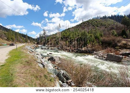 A River With Rapids In The Mountains In California Enroute Lake Tahoe.