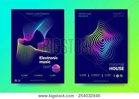 Electronic Music Party Posters. Abstract Vector Background. Colorful Wave Lines And Gradient Equaliz