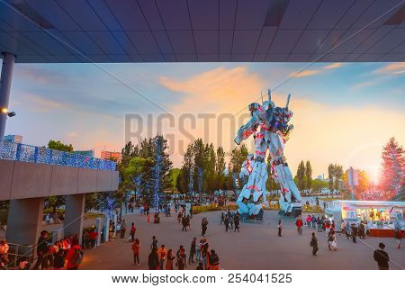 Tokyo, Japan - April 20 2018: Full-size Mobile Suit  Rx-0 Unicorn Gundam Replica From The Mobile Sui