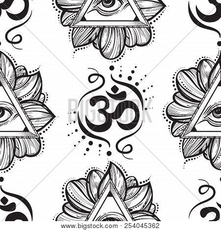All Seeing Eye Pyramid Pattern. Hand-drawn Eye Of Providence And Ohm Symbol Seamless Illustration. A