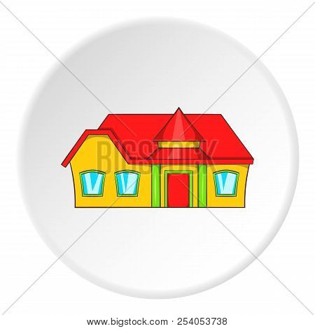 Large Single Storey House Icon In Cartoon Style Isolated On White Circle Background. Building Symbol