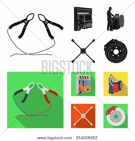 Wheel Balancing, Spanner And Brake Disc Black, Flat Icons In Set Collection For Design.car Maintenan