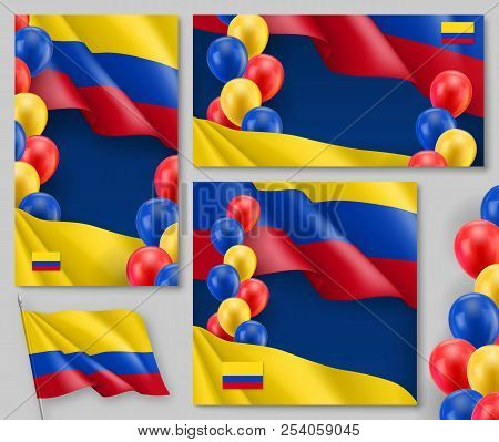 Colombian Patriotic Festive Posters Set. Realistic Colombian Flag And Colorful Balloons Decoration O