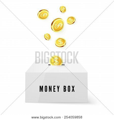 Money Box And Golden Coins. Money Drop Into Box. Vector Illustration Isolated On White Background