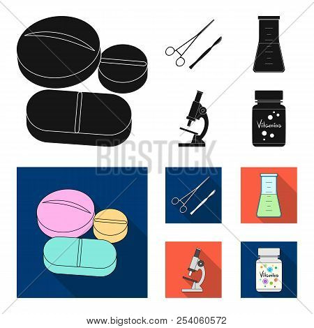 A Bank Of Vitamins, A Flask With A Solution And Other Equipment.medicine Set Collection Icons In Bla