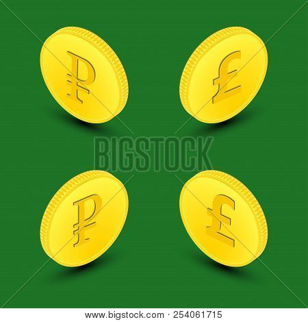 3D Vector Illustration. A Set Of Realistic Gold Coins With Shadows On The Isolated Green Background.