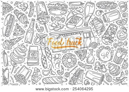 Hand Drawn Food Truck Set Doodle Vector Background
