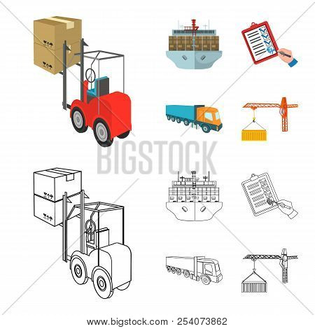 Sea Freight, Signature Of Delivery Documents, Truck, Tower Crane With A Container. Logistics And Del