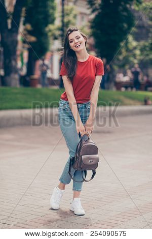 Nice Charming Attractive Cute Young Laughing Girl With Bag Bagpack Outdoors, Wearing Red T-shirt And
