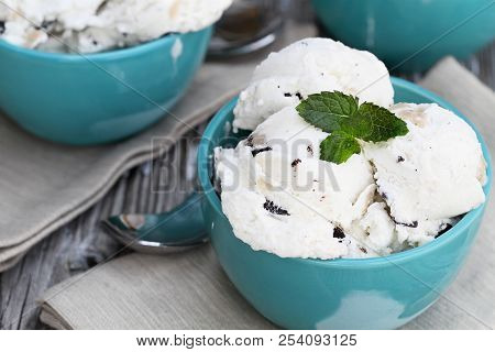 Three Bowls Of Chocolate Chip Cookie Dough Ice Cream Viewed From Above. Extreme Shallow Depth Of Fie