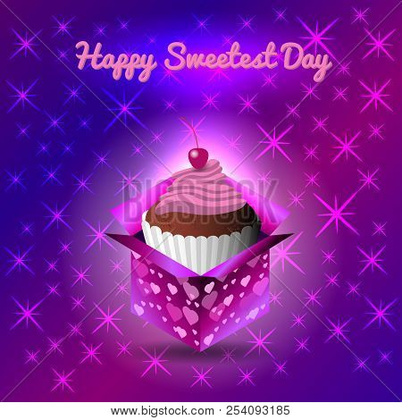Sweetest Day. 20 October. Concept Of A Sweet Holiday. Cupcake In The Open Box. Bright Violet Backgro