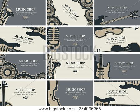 Vector Set Of Twelve Horizontal Business Cards For Music Shop With Musical Instruments And Other Mus