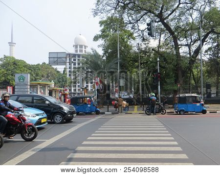 Jakarta, Indonesia - August 2, 2018: A Pelican Crossing On Jalan Katedral.