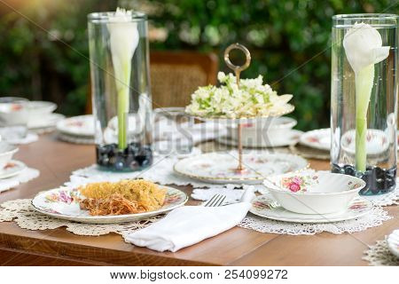 Asia Food Table Setting With Flower Open Air Near Natural Tree Thai Food