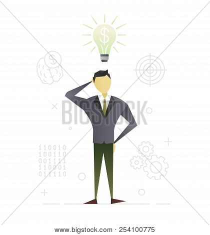 Thinking Businessman Flat Character Design. Business Idea. Startupper. Man Standing With Light Bulb 