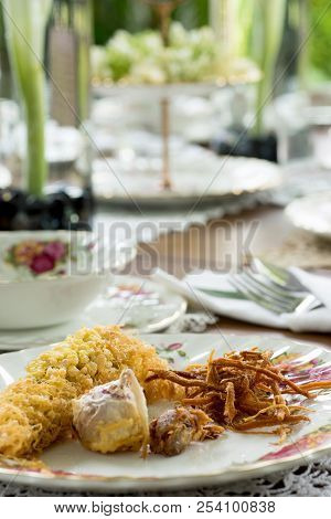 Asia Food Table Setting With Flower Open Air