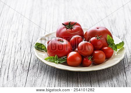 Fresh Tomatoes With Basil Leaves. Concept For A Tasty And Healthy Meal.
