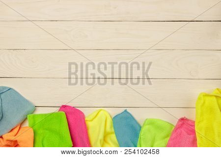 Colorful, Dry Microfiber Wipes For Different Surfaces, Cleaning The House. Empty Space For Text Or L