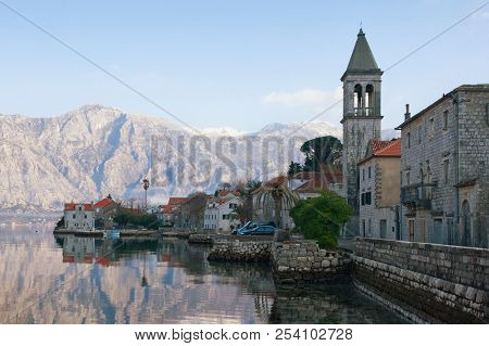 Winter Mediterranean Landscape. Montenegro, Bay Of Kotor, Adriatic Sea. View Of Ancient Town Of Stol