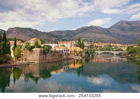 Beautiful Landscape With An Ancient City On The River Bank.  Bosnia And Herzegovina, View Of Trebisn