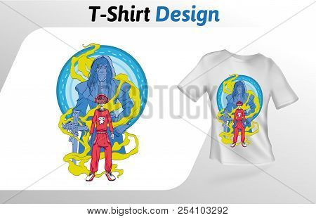 Guy With Vr Headset Playing A Fantsy Hero, T-shirt Print. Mock Up T-shirt Design Template. Vector Te