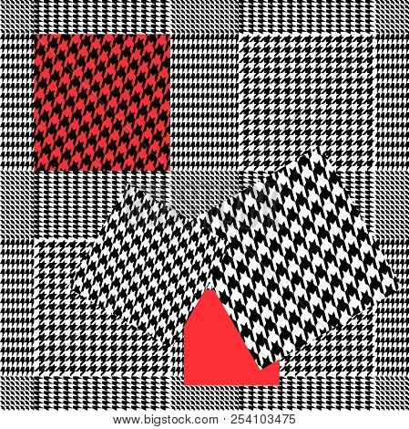 Irregular Pattern With Checkers And Patches. Black, Red, White.
