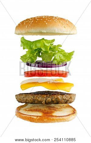 Classic Hamburger Ingredients, Isolated On White , Vertical