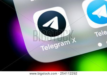 Sankt-petersburg, Russia, August 16, 2018: Telegram X Application Icon On Apple Iphone X Screen Clos