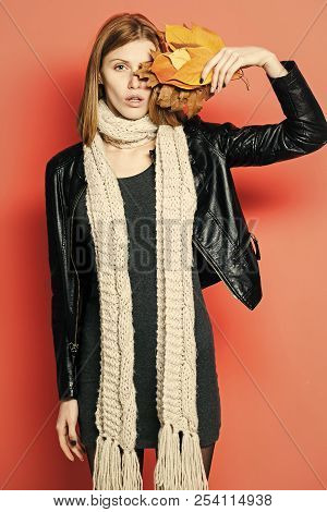 Fashion Model With Stylish Hair In Scarf. Beauty And Fashion. Girl With Orange Leaves On Orange Back