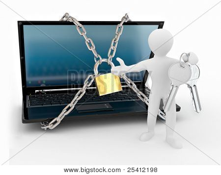 Muži s klíči a laptop s řetězy a zámek. 3D