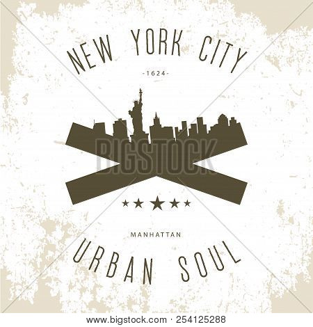 Vector Illustration Of New York City, Stamp On Vest, Vintage Clo